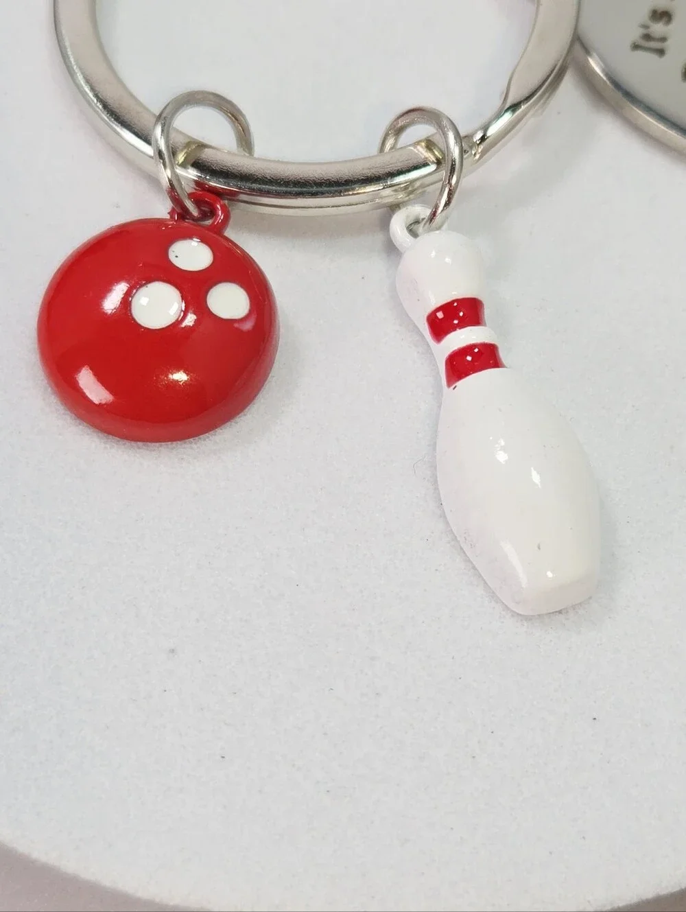 Bowling Keychain Red Ball & Pin Funny Engraved Sports Charm Gift Stainless Steel